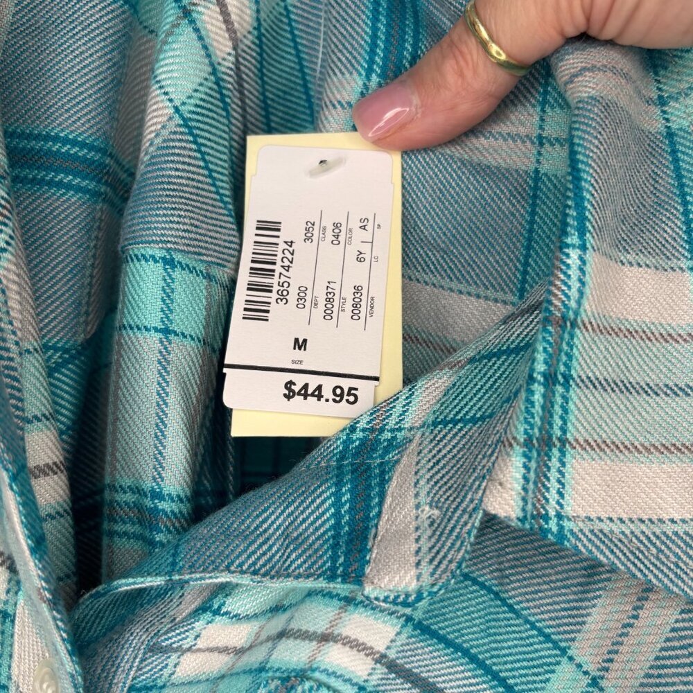 CHRISTOPHER & BANKS NEW Teal Plaid Flannel Womens M Collared Long Sleeve Rayon - Picture 6 of 7